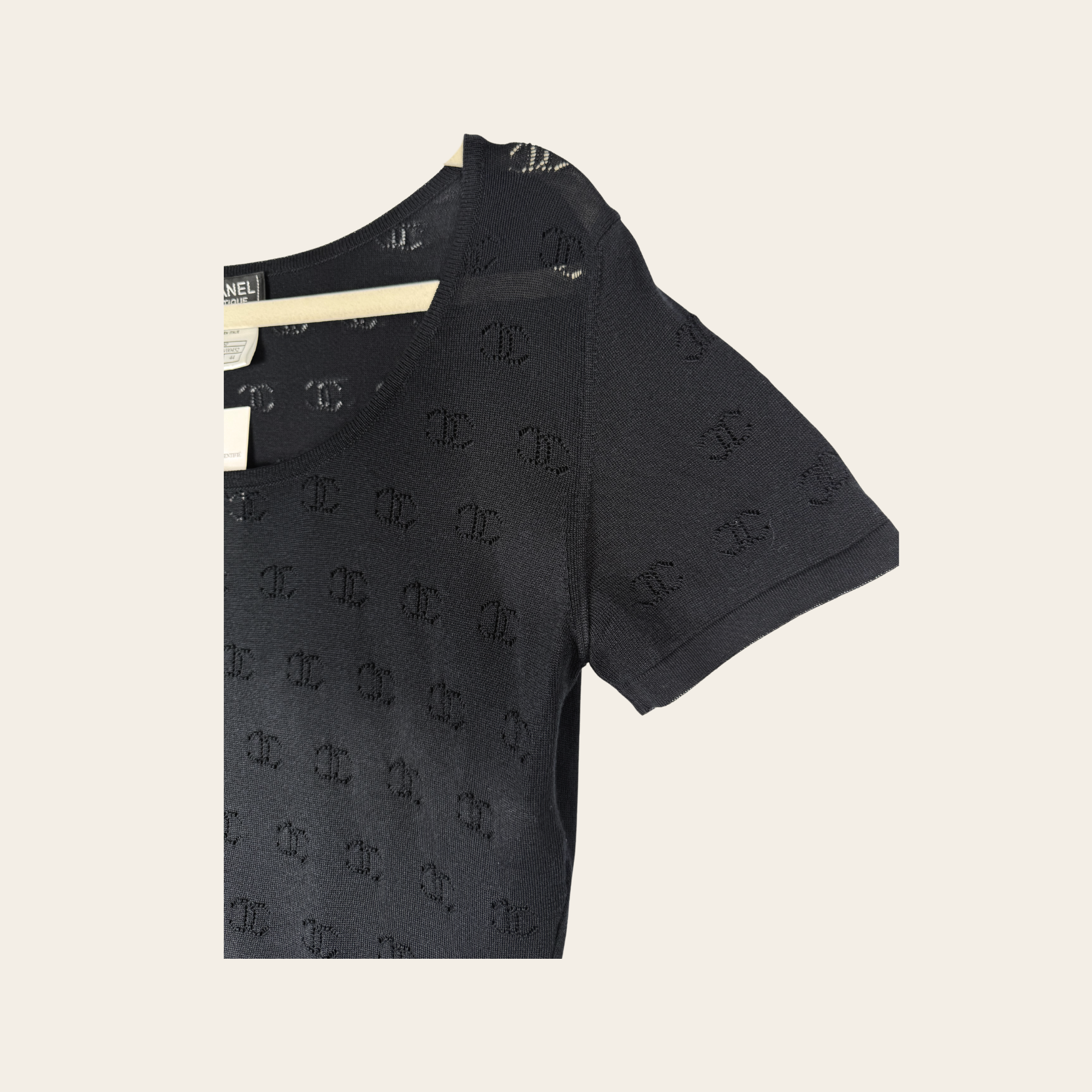 CHANEL Black CC Monogram Silk Knit Top, Taille 44 / XL