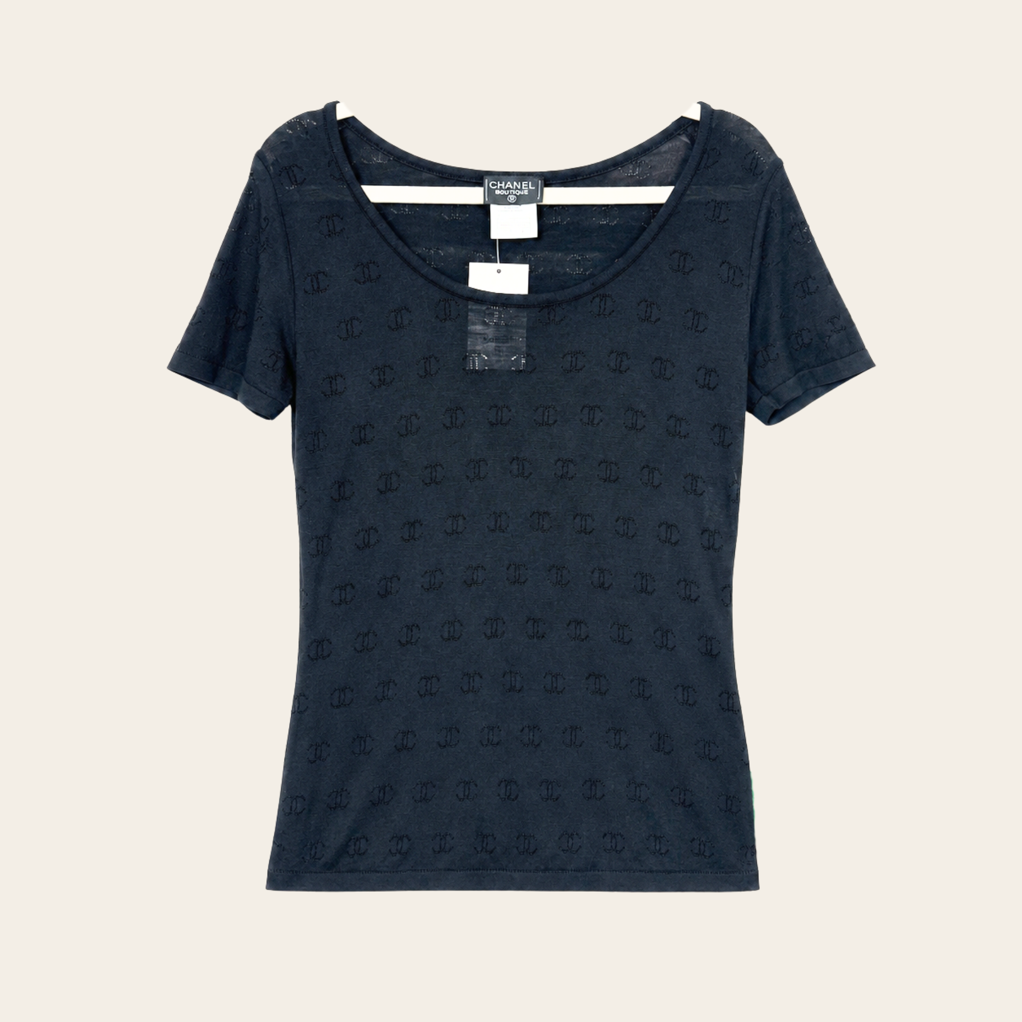 CHANEL Black CC Monogram Silk Knit Top, Taille 44 / XL