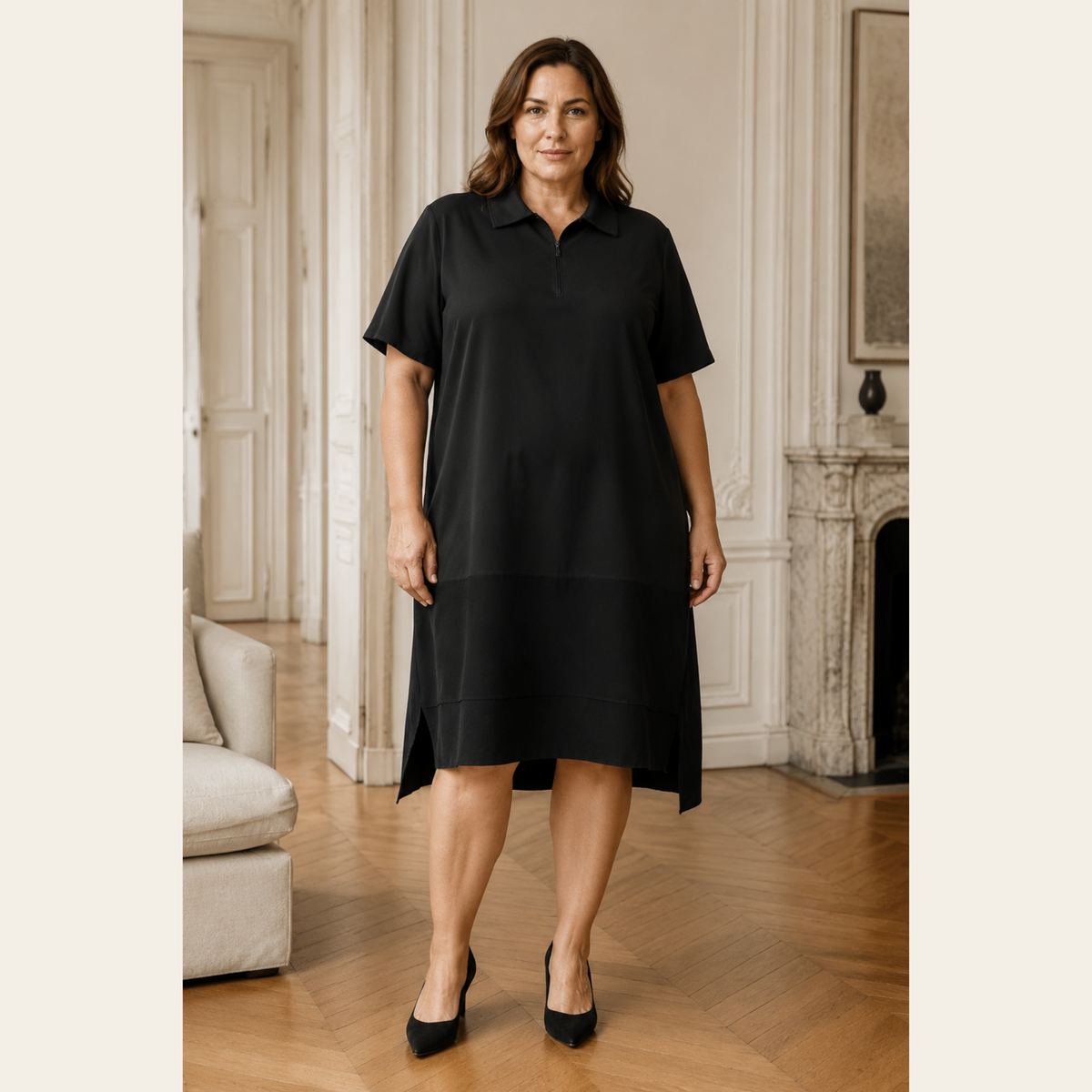 MARIE SAINT PIERRE — Robe polo midi asymétrique en jersey technique noir, L
