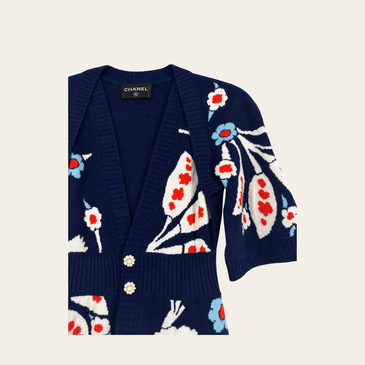CHANEL — Robe-cardigan florale en cachemire, S