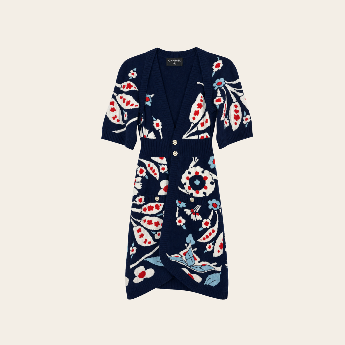 CHANEL — Robe-cardigan florale en cachemire, S