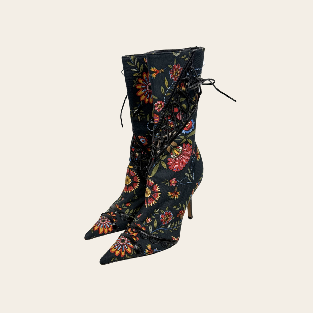 CHRISTIAN DIOR – Bottines Trianon en jacquard floral à laçage corset – Taille 37½