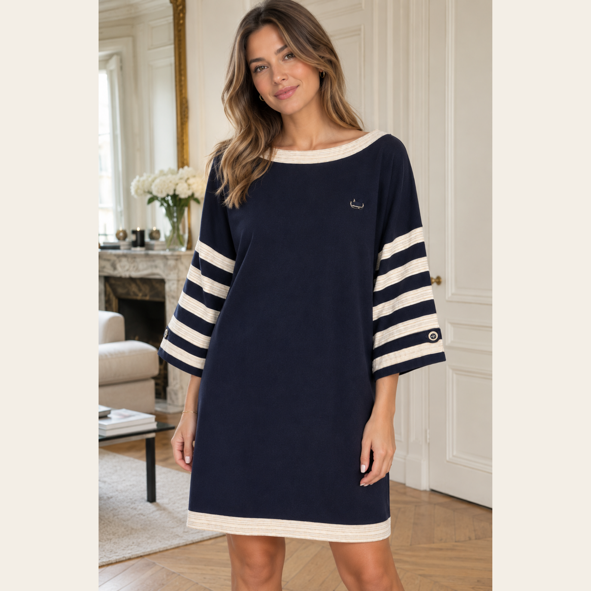CHANEL 14C – Robe marinière Gondola en maille de coton – Bleu marine & ivoire – Taille 46 (XL)