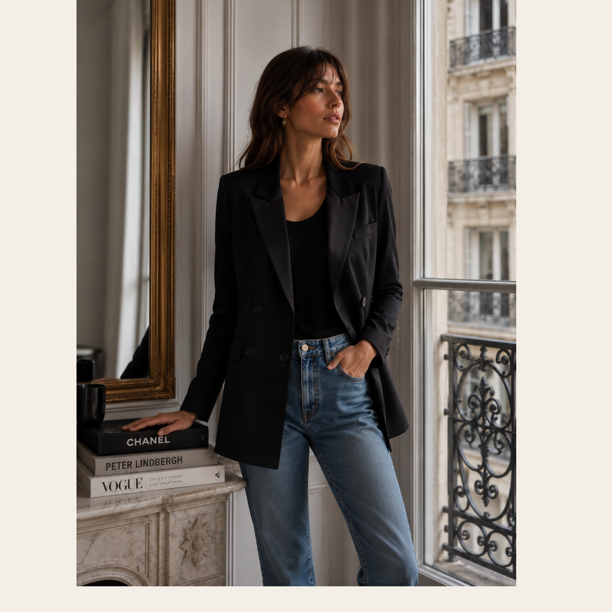 SMYTHE – Blazer long double boutonnage à revers contrastants en soie – Noir – Taille S