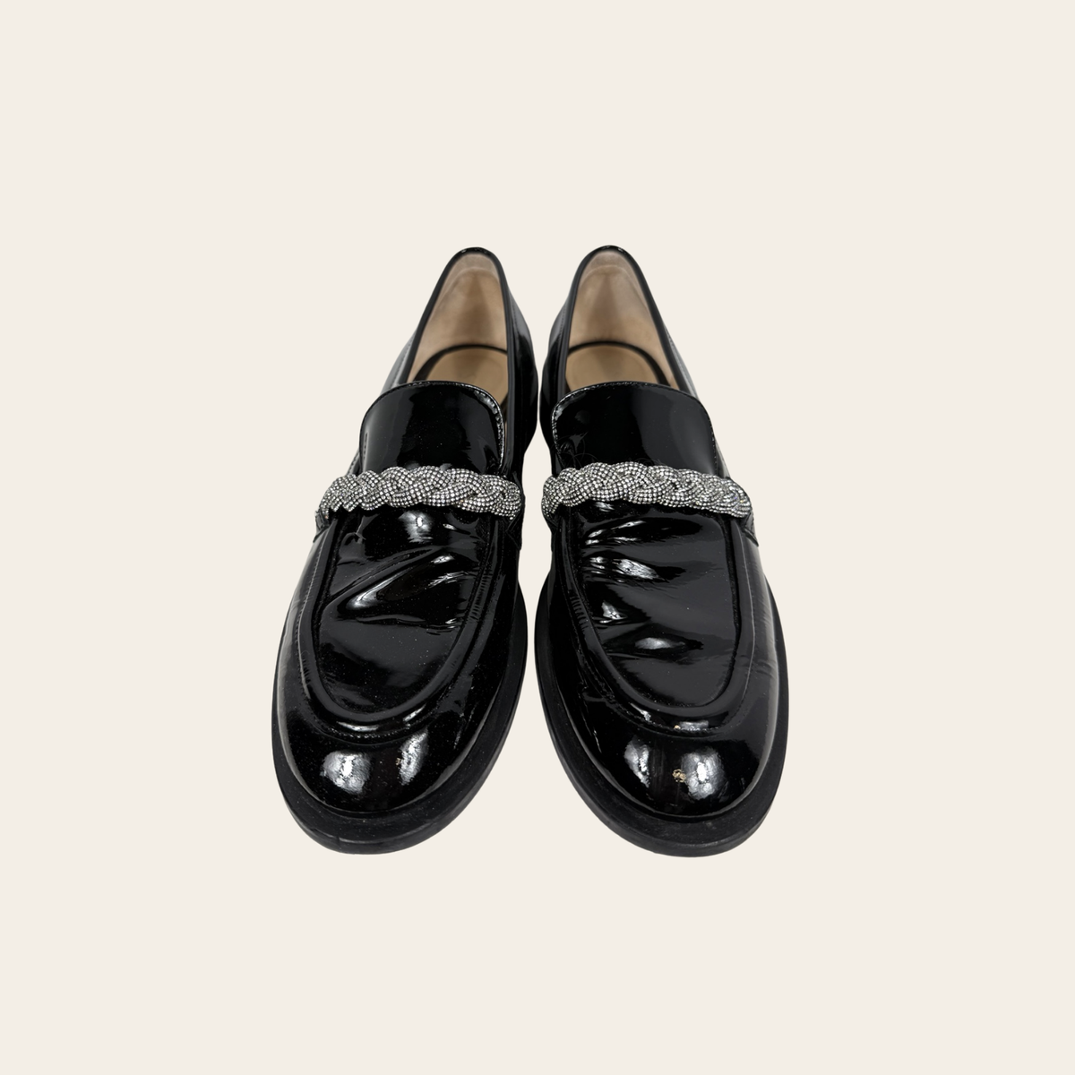 STUART WEITZMAN – Palmer Hishine Loafers en cuir verni à tresse de cristaux – Noir – Taille 38 / US 7.5