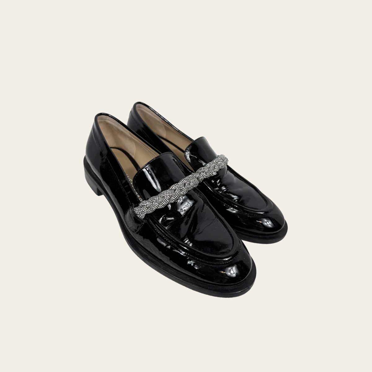 STUART WEITZMAN – Palmer Hishine Loafers en cuir verni à tresse de cristaux – Noir – Taille 38 / US 7.5