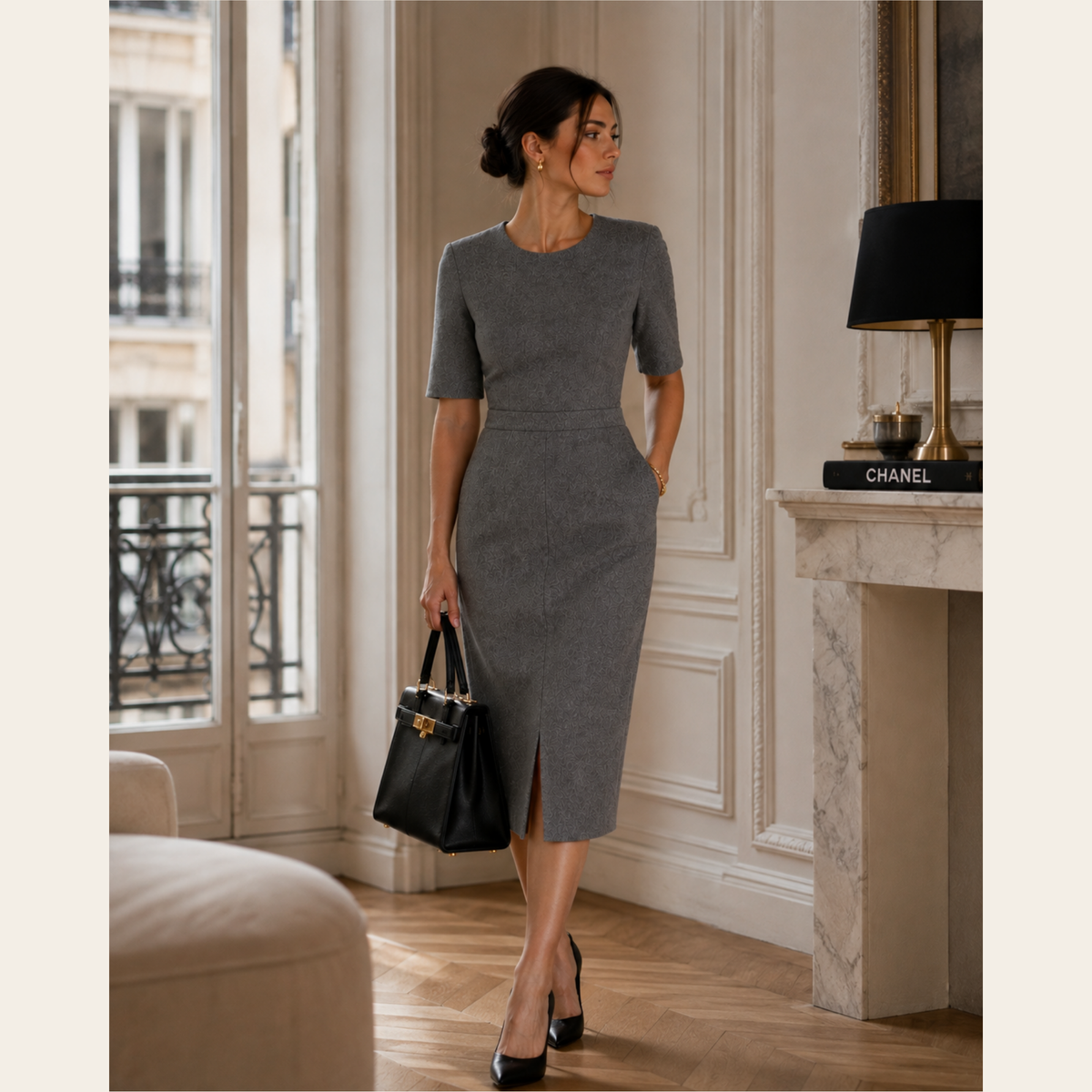 VICTORIA, VICTORIA BECKHAM – Robe midi tailleur en laine avec zip apparent – Gris chiné – Taille UK 10 / US 6 (M)