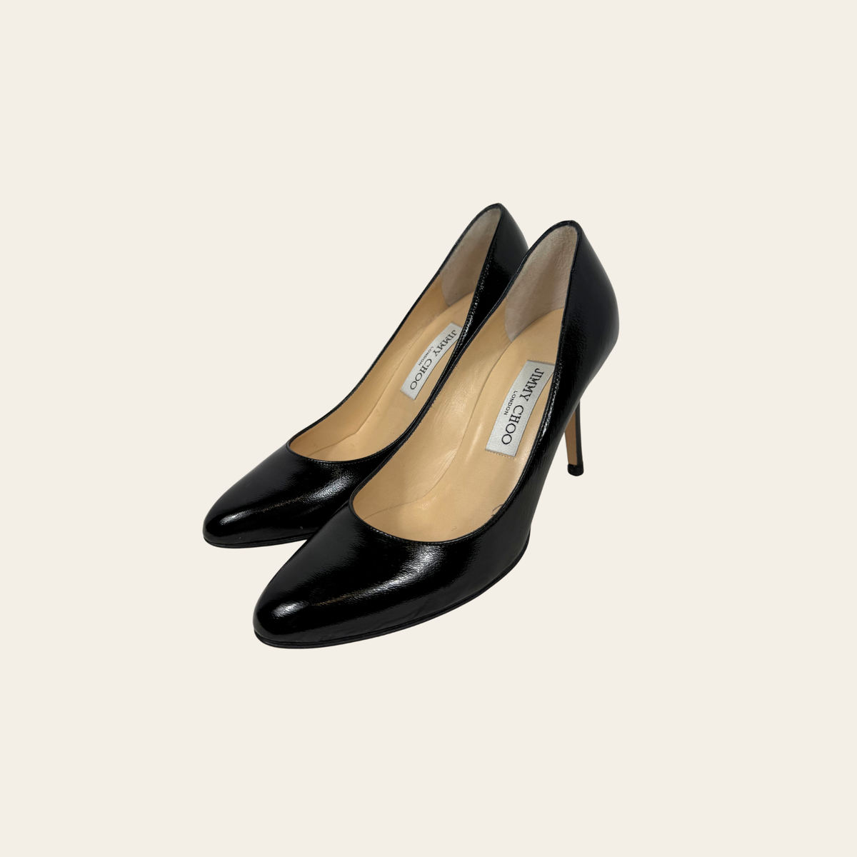 JIMMY CHOO – Escarpins classiques en cuir verni noir à talon aiguille – Taille IT 37,5 (US 7,5)