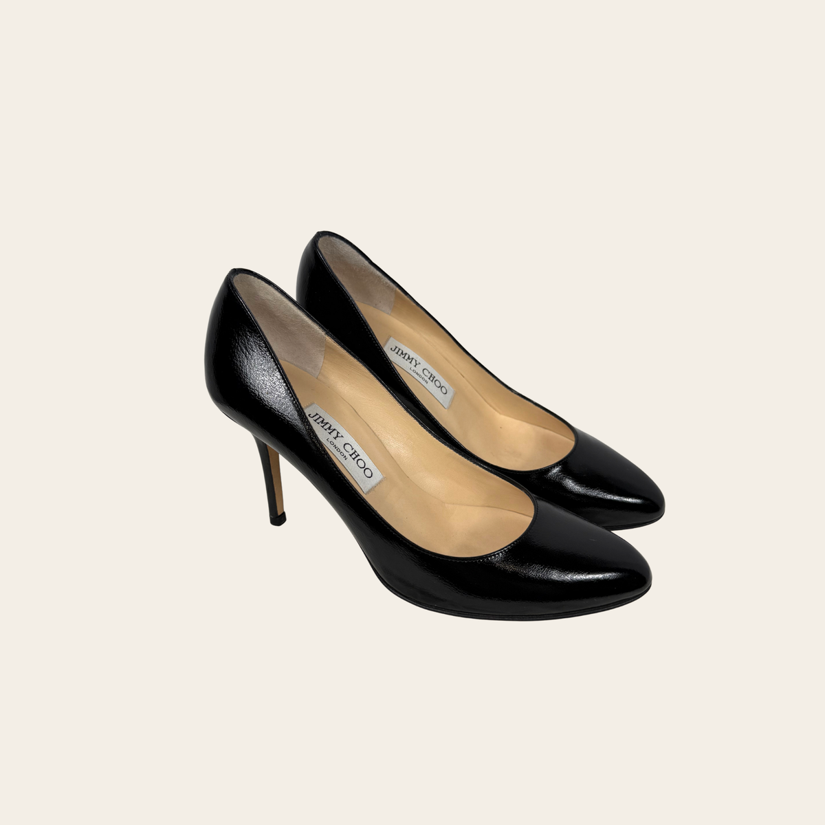 JIMMY CHOO – Escarpins classiques en cuir verni noir à talon aiguille – Taille IT 37,5 (US 7,5)