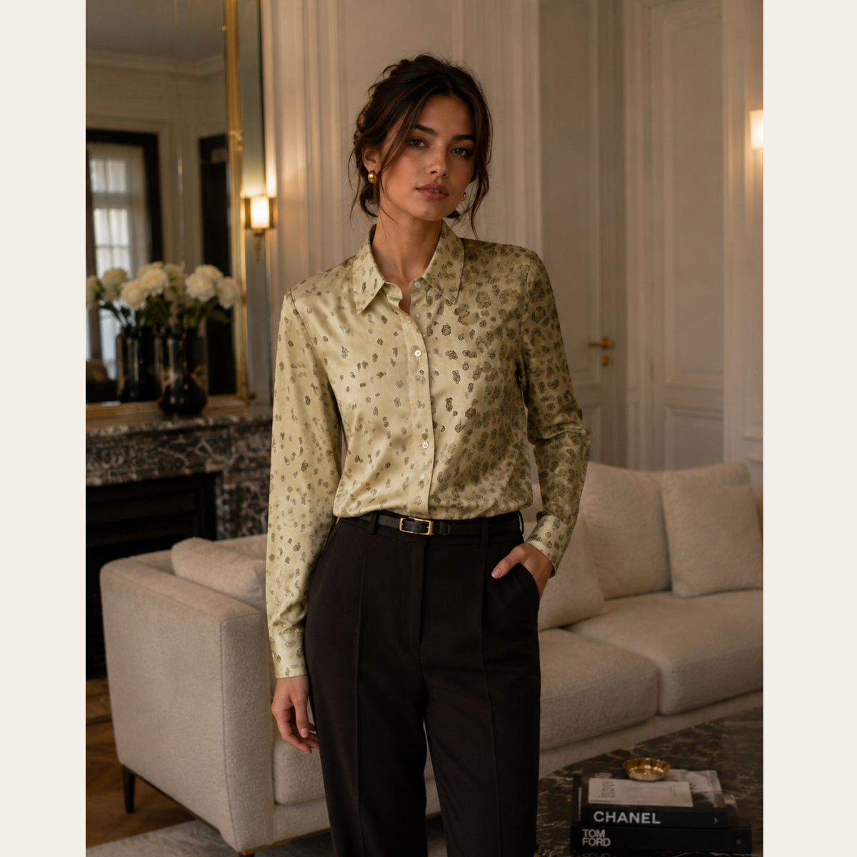 PRADA – Chemisier vintage en soie à imprimé floral – Ivoire & kaki – Taille IT 42 (M)