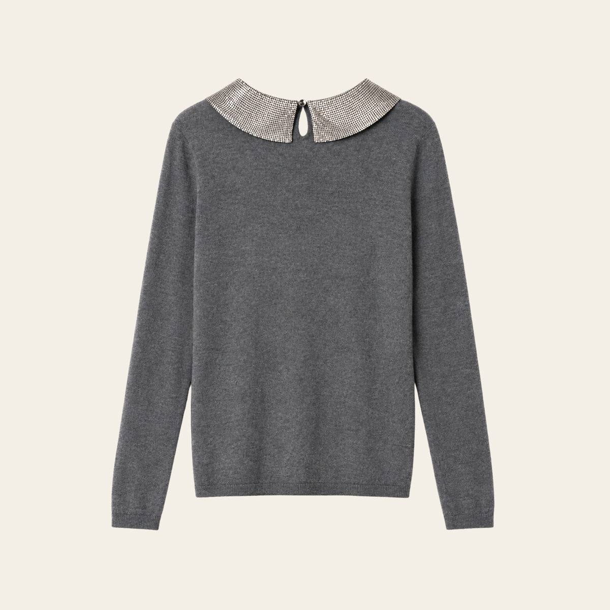 CHANEL 98A – Pull en cachemire & soie à col bijou en maille métallique – Gris – Taille FR 42 (L)