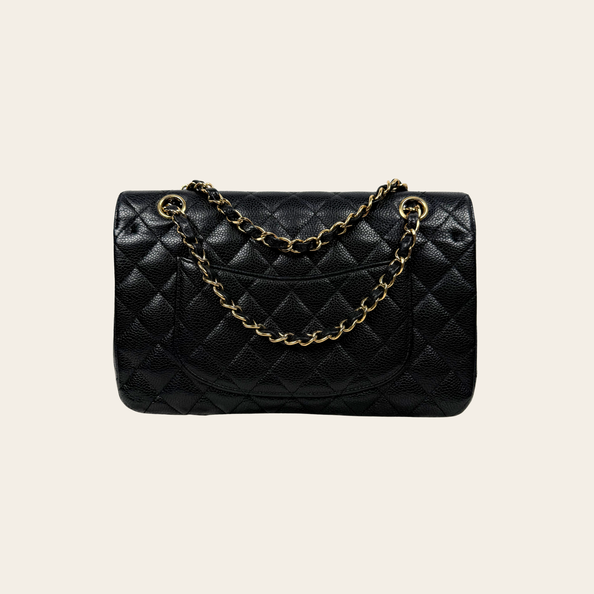 CHANEL VINTAGE – 24 k Classic Double Flap Medium en cuir caviar matelassé – Noir & doré
