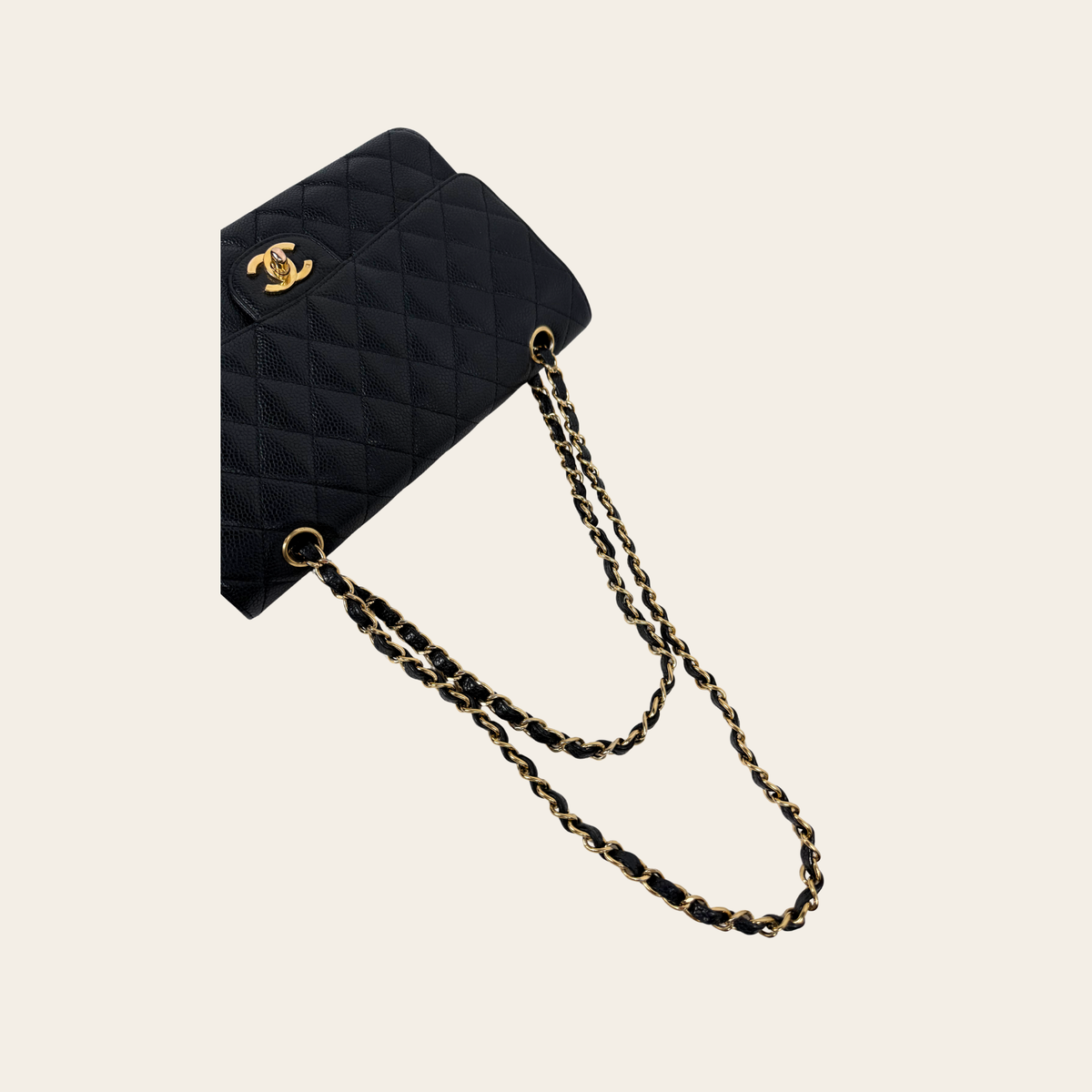 CHANEL VINTAGE – 24 k Classic Double Flap Medium en cuir caviar matelassé – Noir & doré