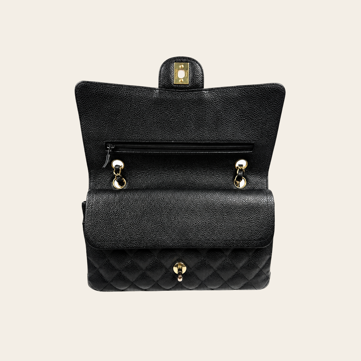 CHANEL VINTAGE – 24 k Classic Double Flap Medium en cuir caviar matelassé – Noir & doré