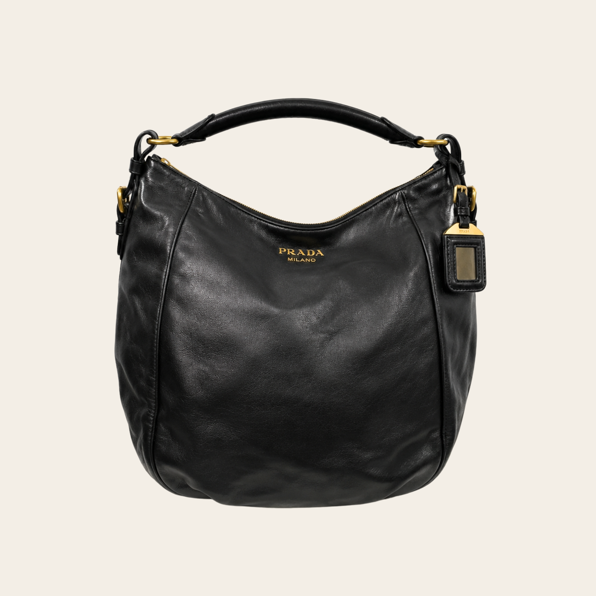 PRADA – Large Soft Calf Hobo BR4268 en cuir de veau – Noir & doré – Grand modèle
