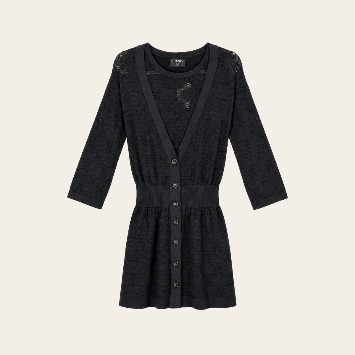 CHANEL — Ensemble 2 pièces en maille ajourée noire à boutons CC, Taille FR 42