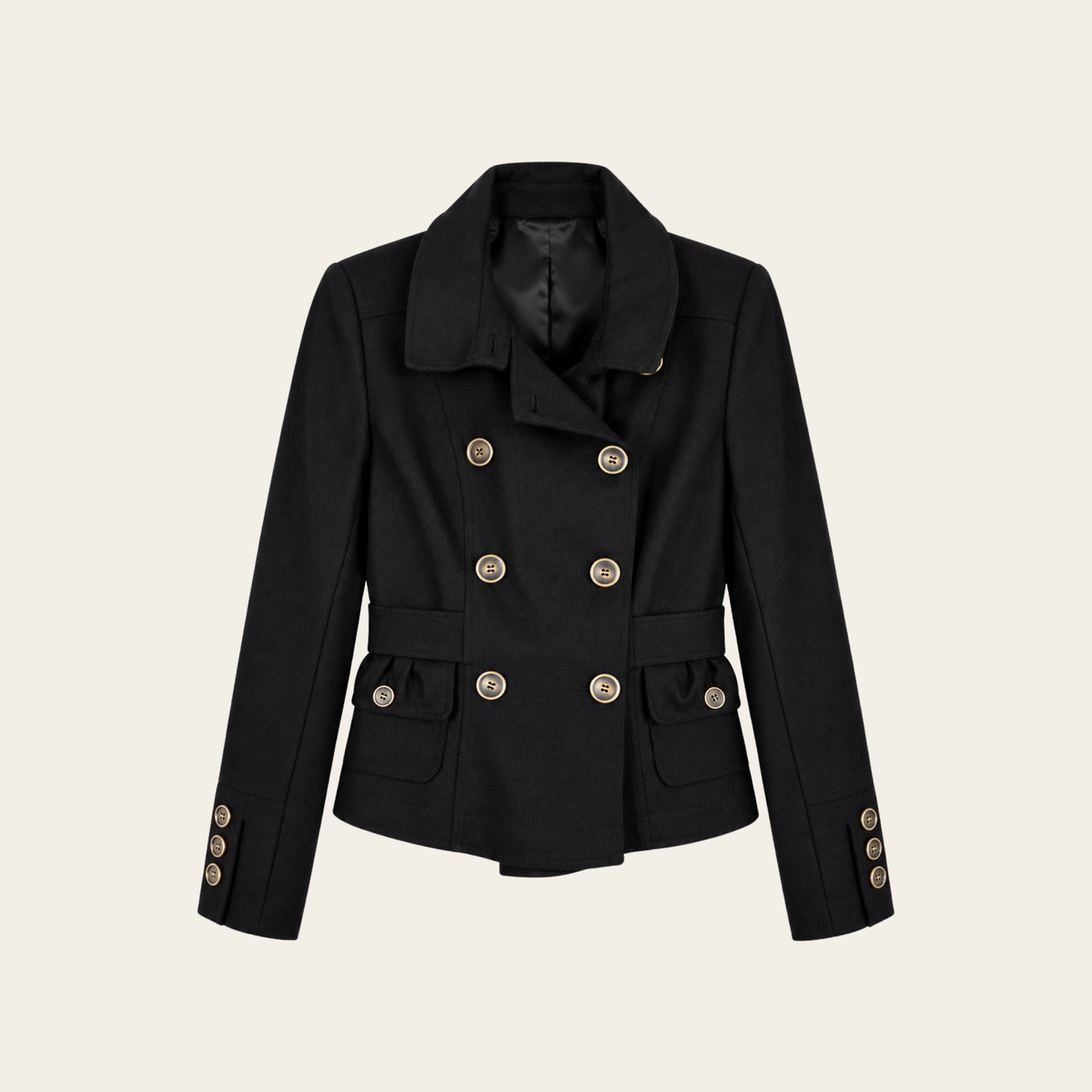 BURBERRY — Veste militaire noire en laine à double boutonnage et basque, Taille 2