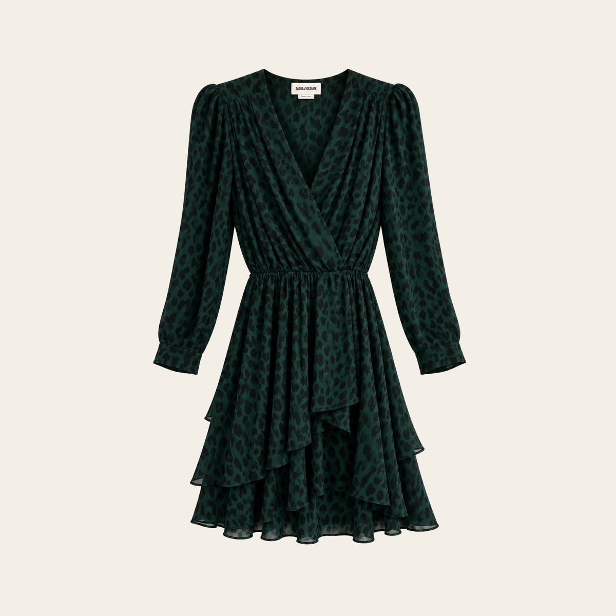 ZADIG & VOLTAIRE — Robe Rogers Soft Leo Peaks vert foncé à imprimé léopard, Taille XS