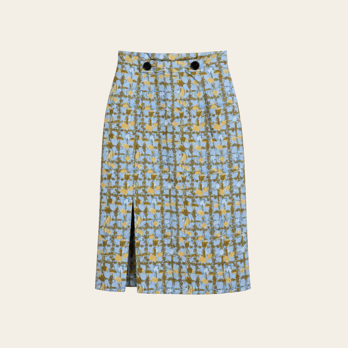 CHRISTIAN DIOR — Jupe crayon en jacquard floral bleu ciel et or, Taille FR 40