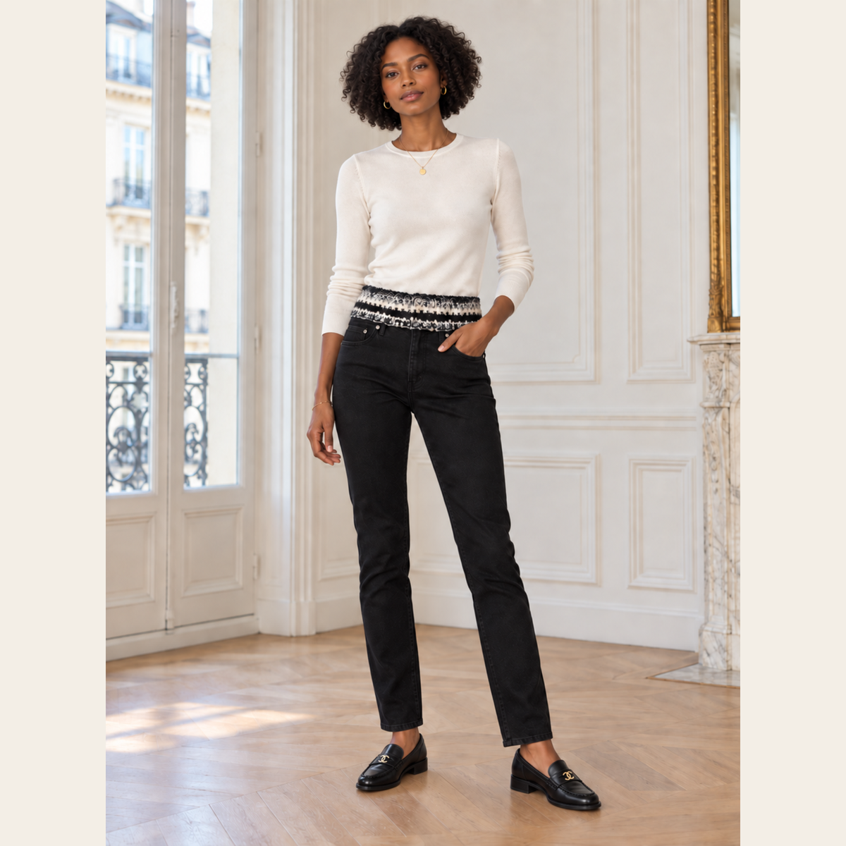 CHANEL — Pantalon slim noir en coton à ceinture tressée contrastante, Taille FR 36