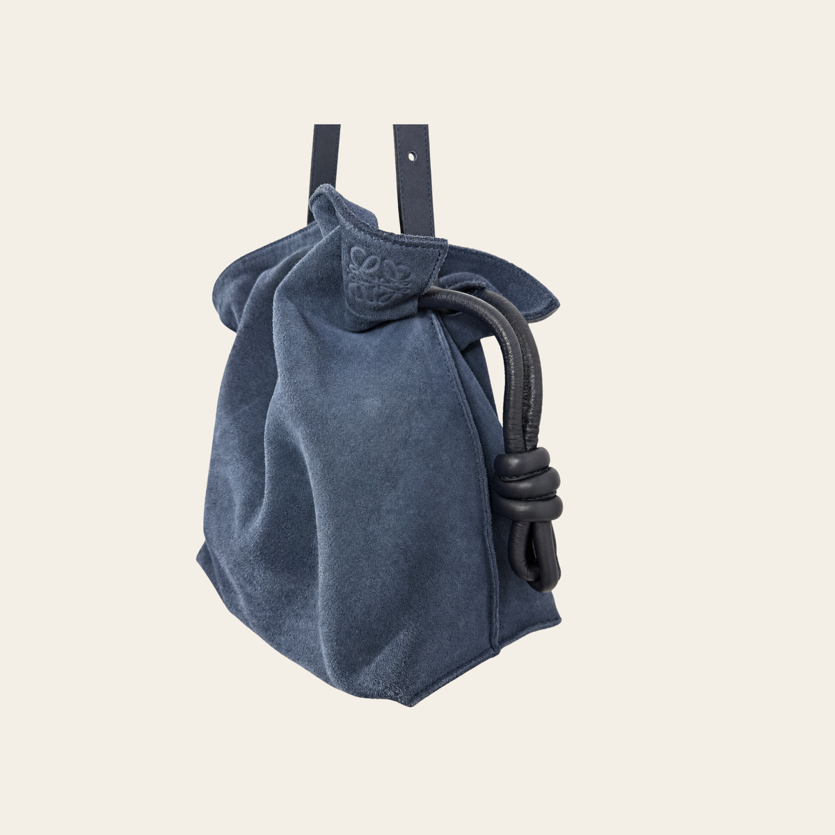 LOEWE — Sac Flamenco Knot en daim bleu, Taille Medium