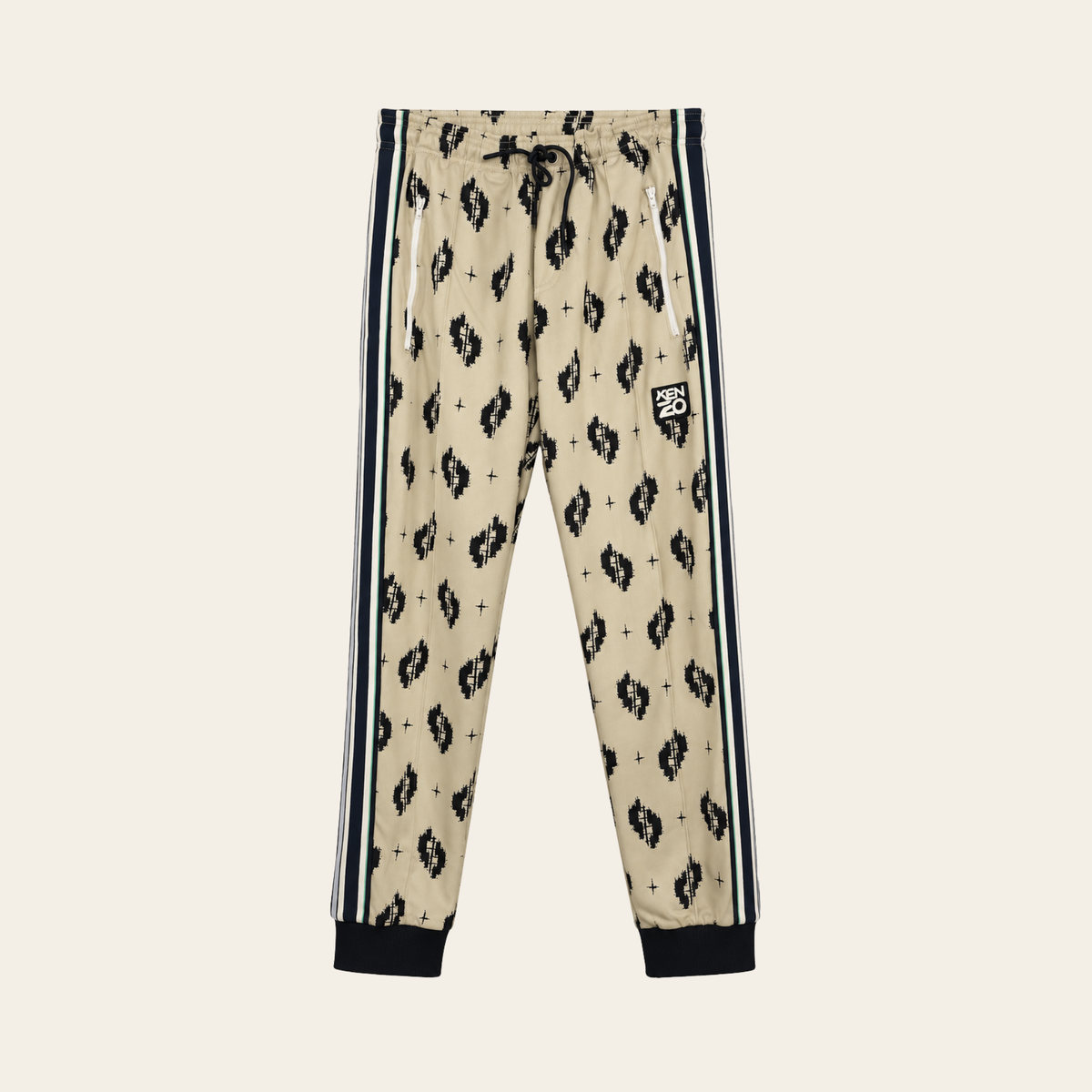 KENZO PARIS — Pantalon de jogging monogrammé écru et noir à bandes latérales, Taille S