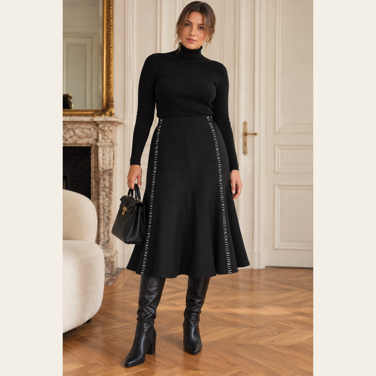 ALEXANDER McQUEEN — Jupe évasée en laine noire à surpiqûres blanches, Taille 46 IT