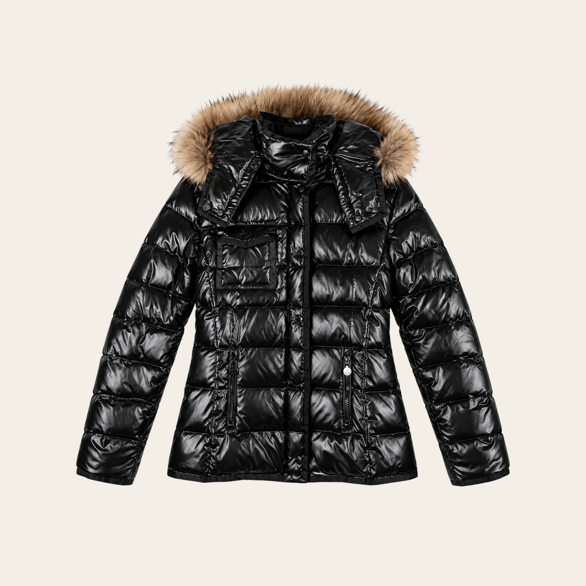 MONCLER — Doudoune noire brillante à capuche bordée de fourrure, Taille 1