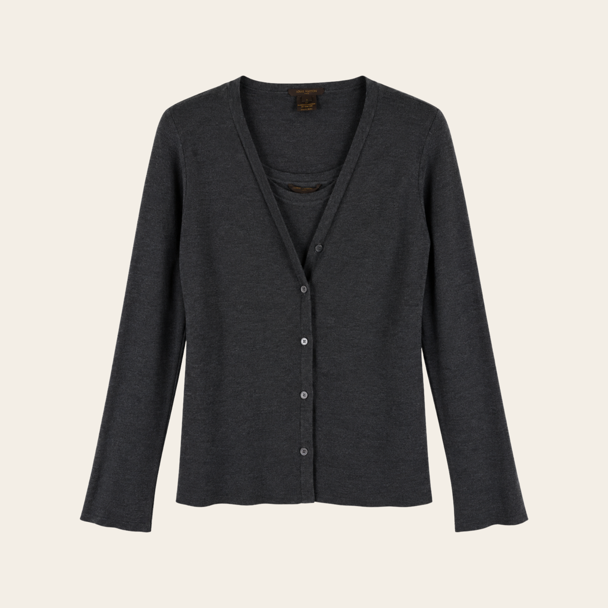 LOUIS VUITTON — Ensemble cardigan et top en cachemire & soie gris anthracite, Tailles L / S Circa années 2000