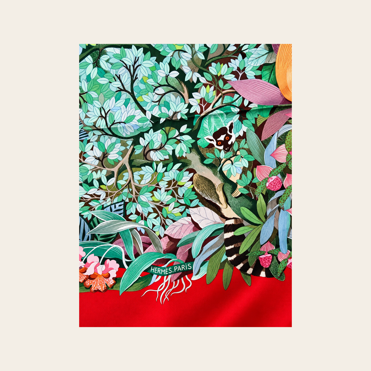 HERMÈS — Rare Carré 90 « Au Cœur de la Vie » par Aline Honoré en soie rouge & multicolore