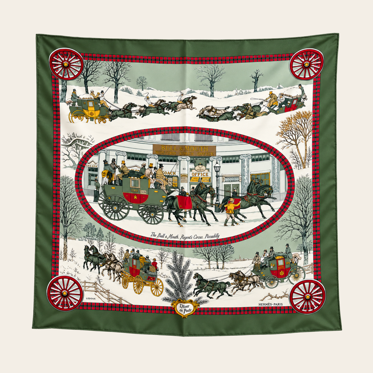 HERMÈS — Carré 90 « L’Hiver en Poste » par Philippe Ledoux en soie vert olive & multicolore