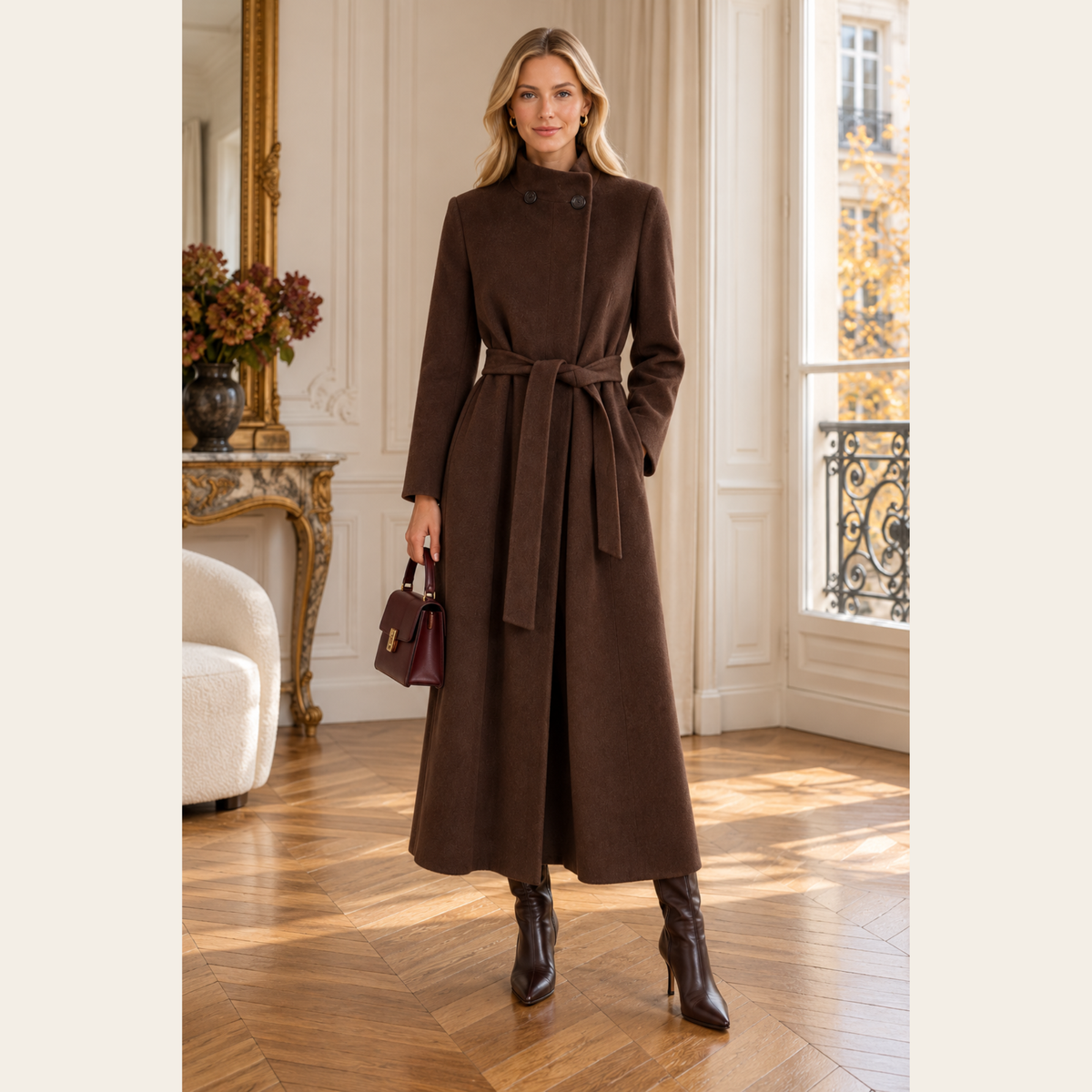 MAX MARA — Manteau long ceinturé en laine vierge et angora brun chocolat, taille 40 IT (S / FR 38 / US 6)