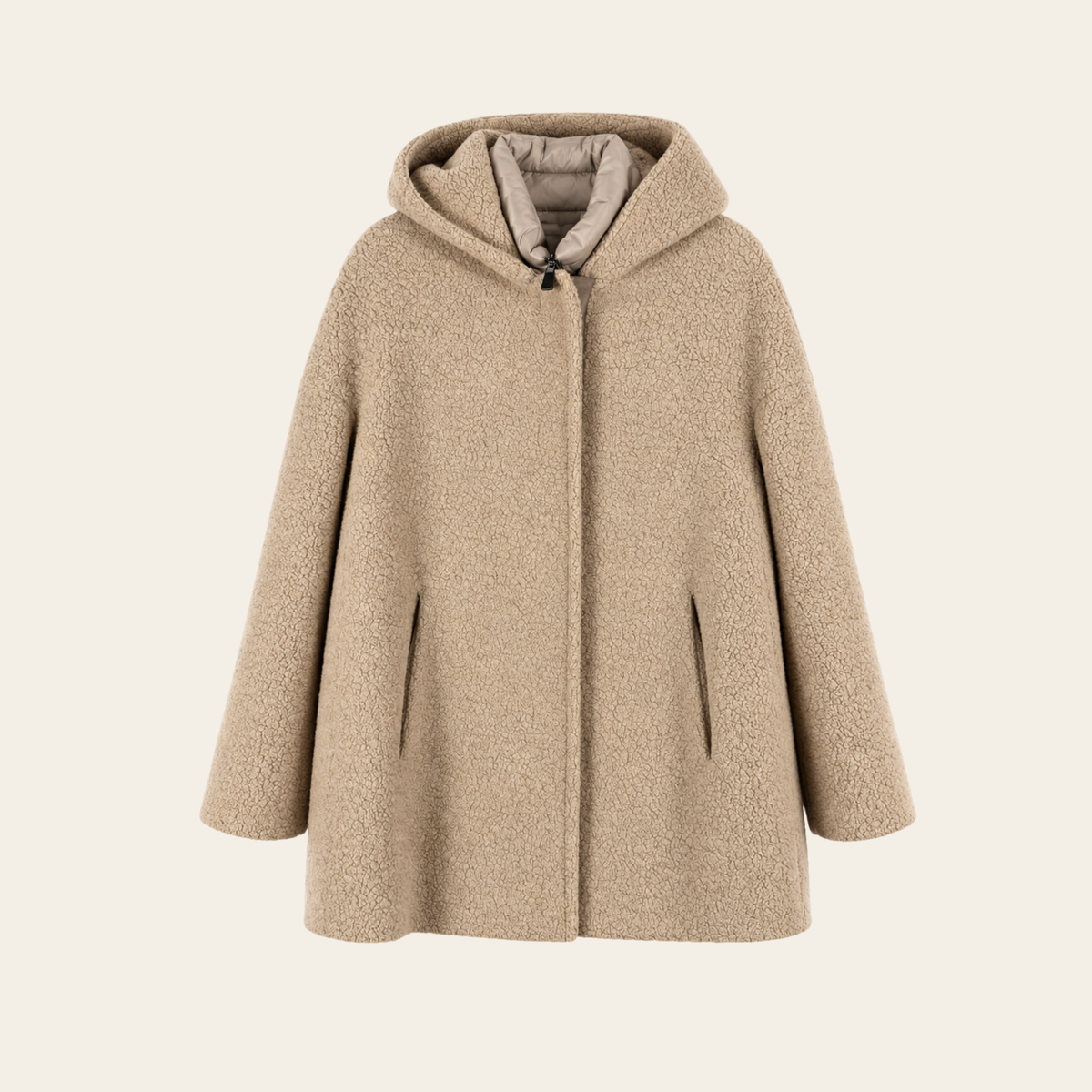 CINZIA ROCCA ICONS — Manteau court à capuche en laine bouclée beige avec plastron matelassé amovible, taille 42 IT (M / FR 38 / US 6)
