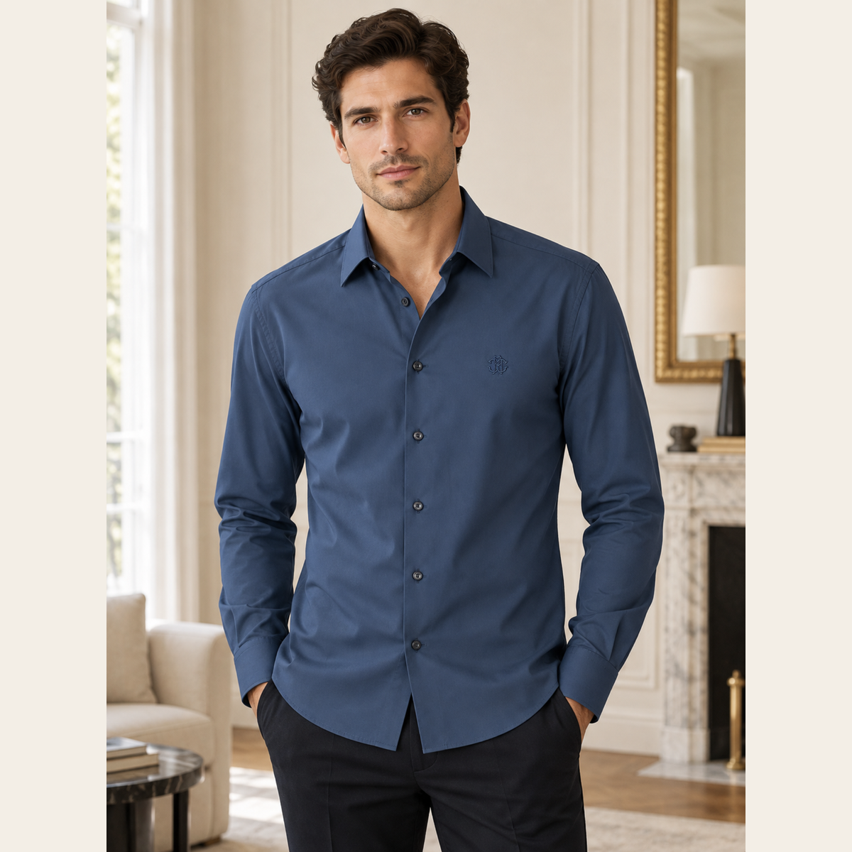 ROBERTO CAVALLI – Chemise homme en coton extensible bleu ardoise à monogramme brodé, L