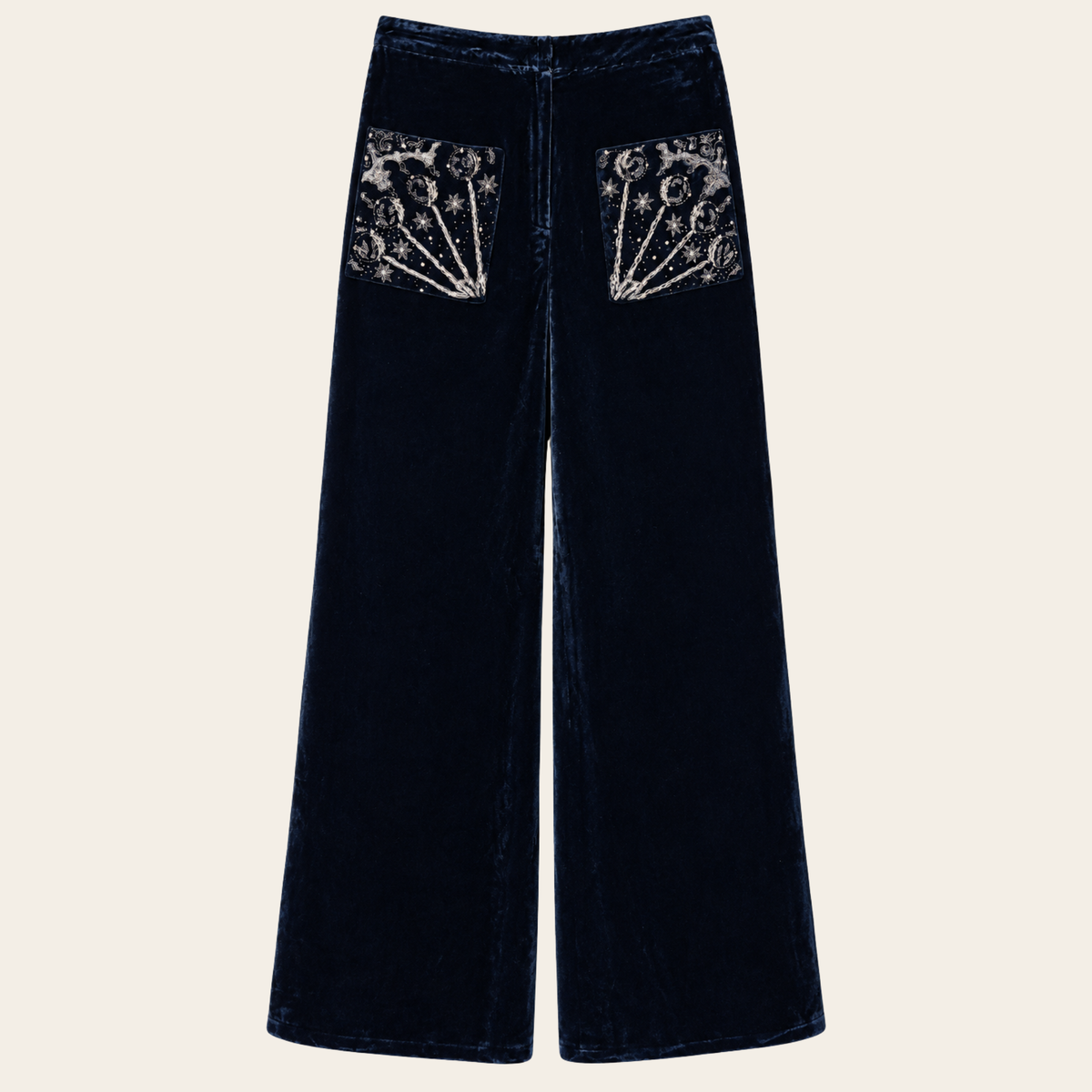 CHRISTIAN DIOR — Pantalon large en velours bleu nuit à poches brodées, taille 34