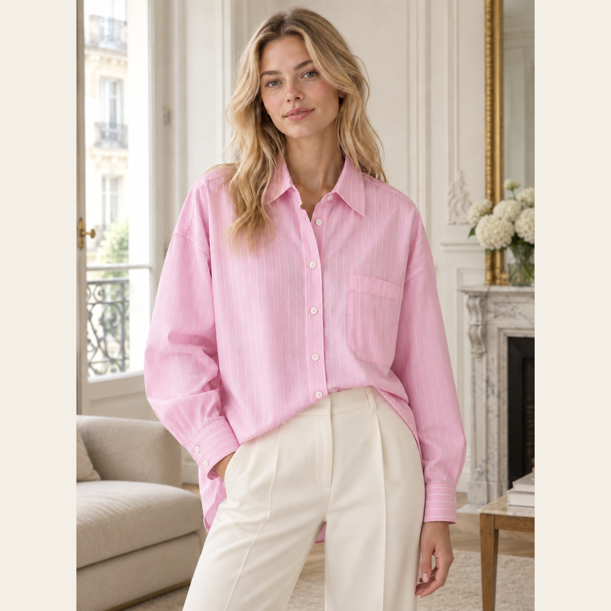 ZADIG & VOLTAIRE – Chemise Tamara Pop Raye à rayures et strass, rose dragée, S