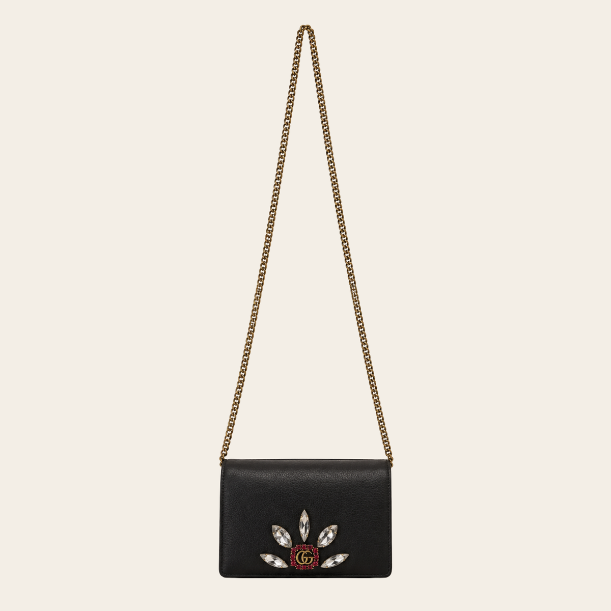 GUCCI — Broadway Crystal-Embellished Wallet on Chain en cuir noir
