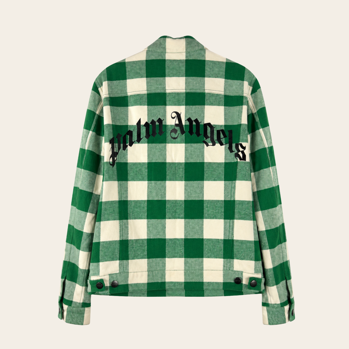 PALM ANGELS – Veste matelassée Curved Logo Check Trucker – Verte et écrue – Taille S