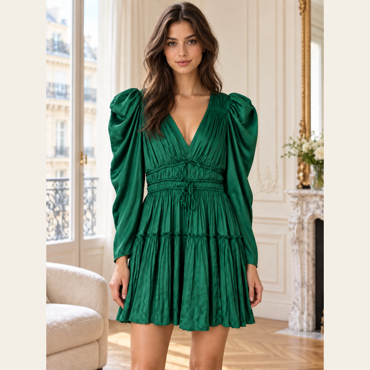 ULLA JOHNSON — Robe Lu en satin plissé vert Jadeite à manches longues bouffantes, taille US 2