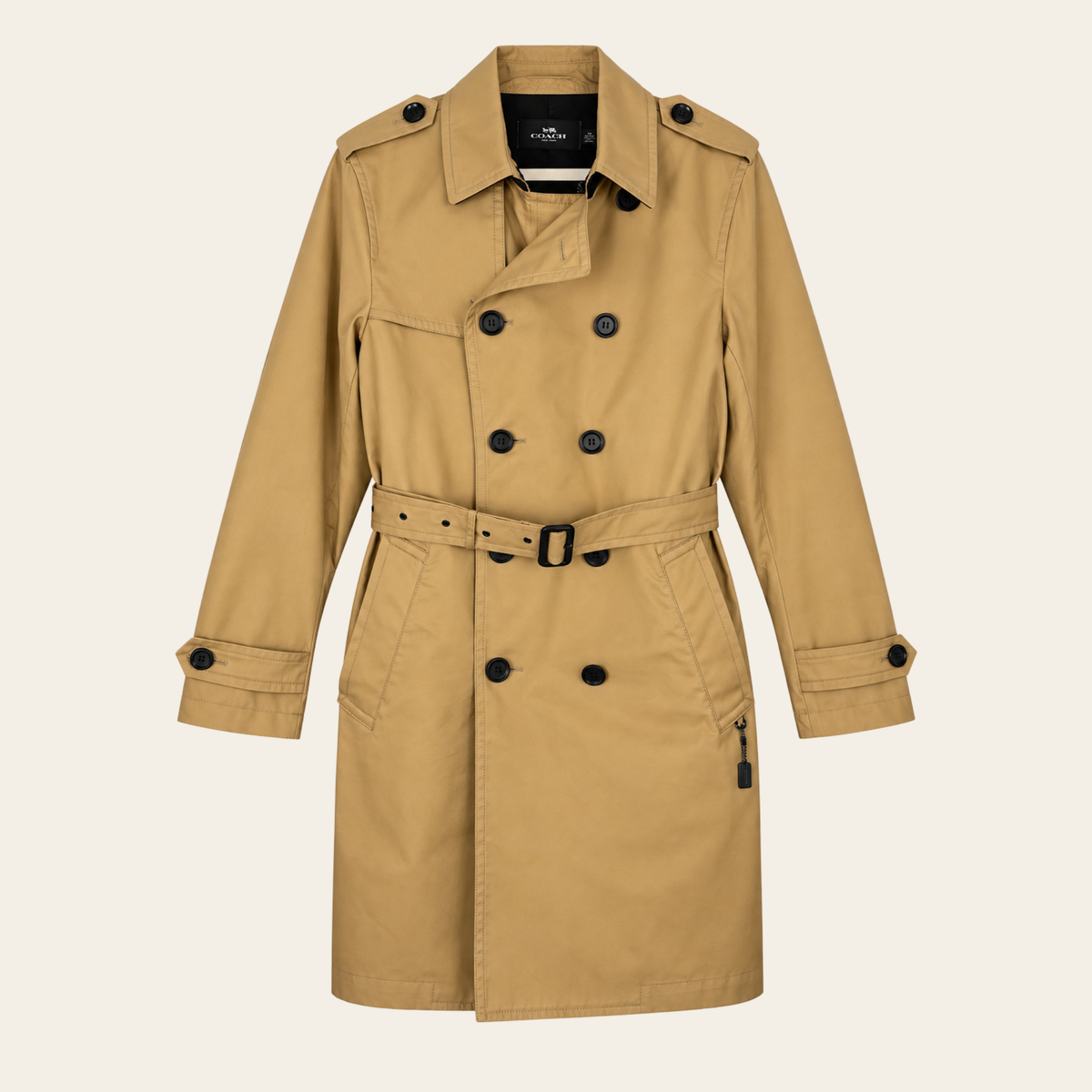 Coach – Trench-coat croisé en coton avec garnitures en cuir, taille M