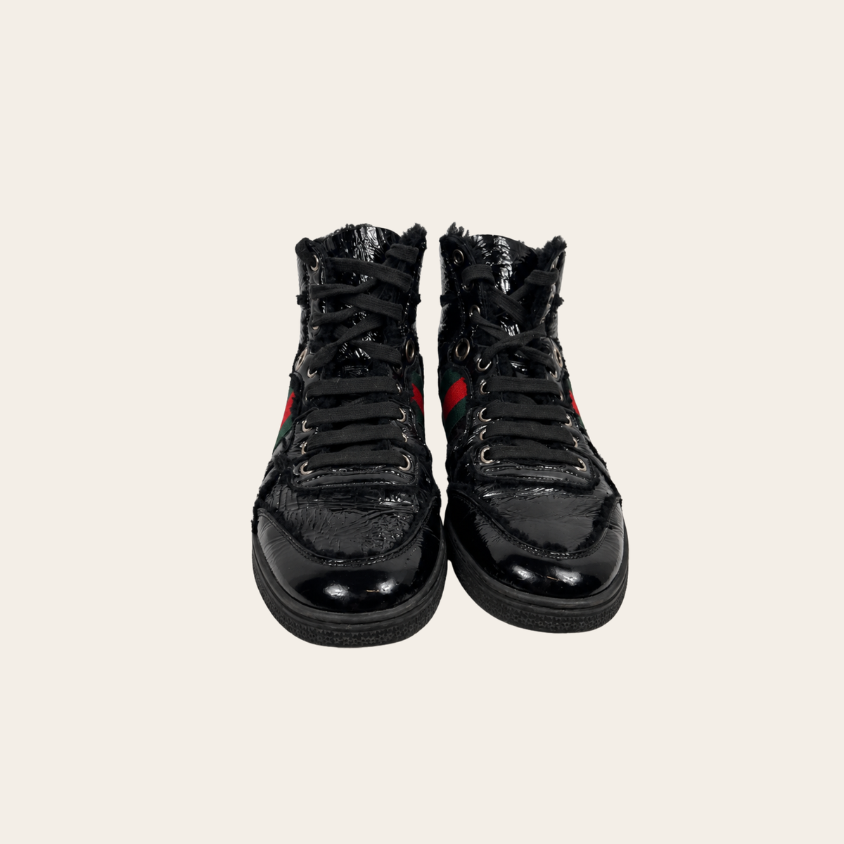 GUCCI — Baskets montantes Web en cuir verni noir et doublure noire, 9.5 US
