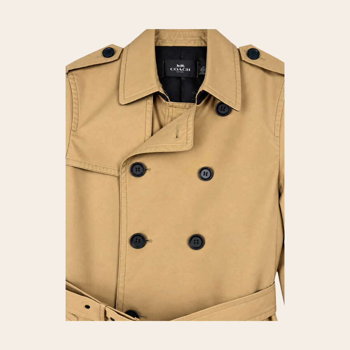Coach – Trench-coat croisé en coton avec garnitures en cuir, taille M