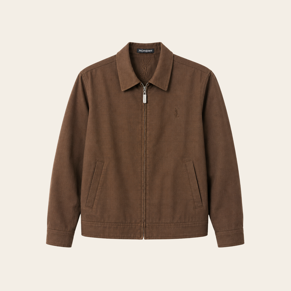 YVES SAINT LAURENT POUR HOMME – Blouson vintage zippé à carreaux avec monogramme YSL brodé – Marron – Taille 46