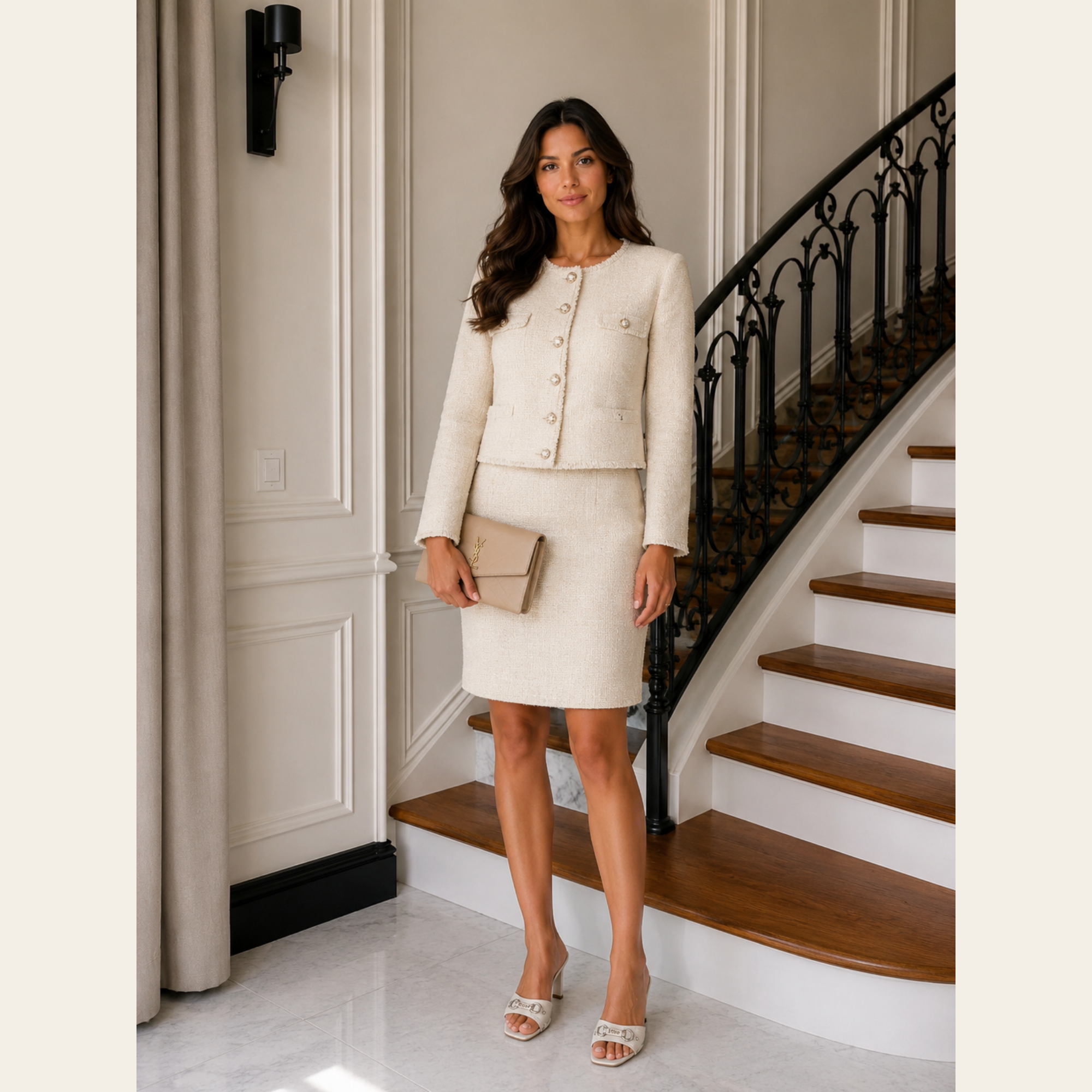 CHANEL – Collection 96P, Ensemble tailleur en tweed écru (Veste & Jupe)