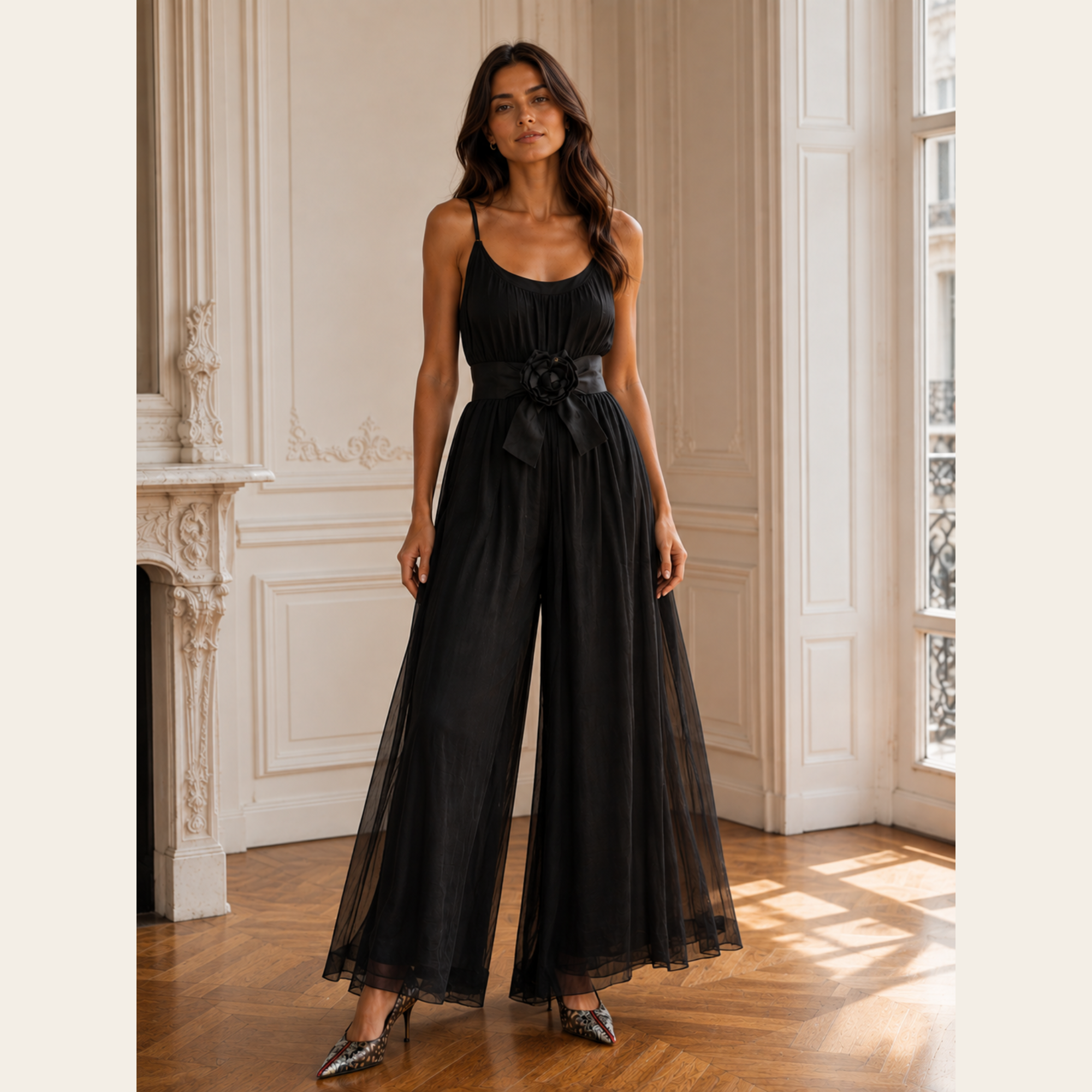 CHANEL – Jumpsuit Longue en Soie et Tulle Noir à Camélia, Taille 42