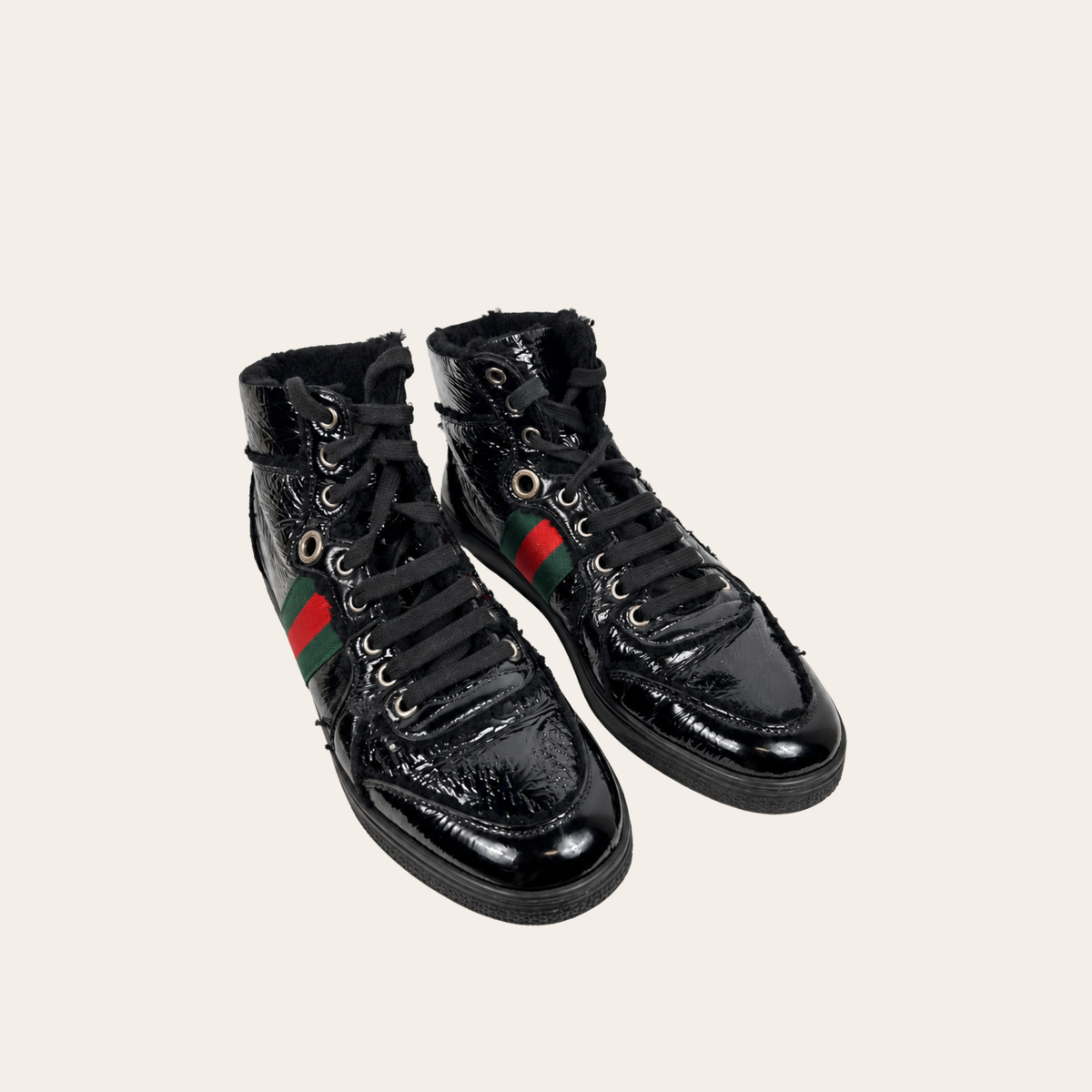 GUCCI — Baskets montantes Web en cuir verni noir et doublure noire, 9.5 US
