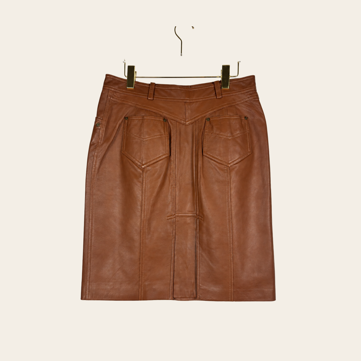 VALENTINO — Jupe vintage en cuir d’agneau cognac, taille M
