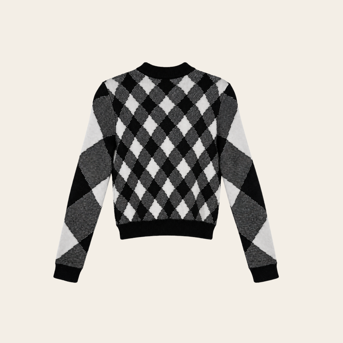 BALMAIN – Cardigan court en maille jacquard à losanges & boutons Lion – Noir & écru – Taille FR 36 (S)