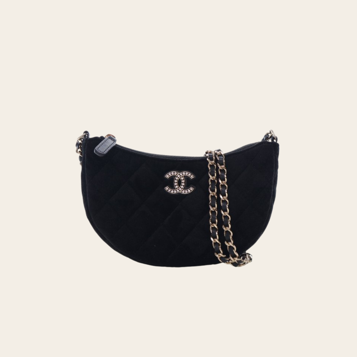CHANEL – Mini Velvet Crystal CC Quilted Chain Hobo