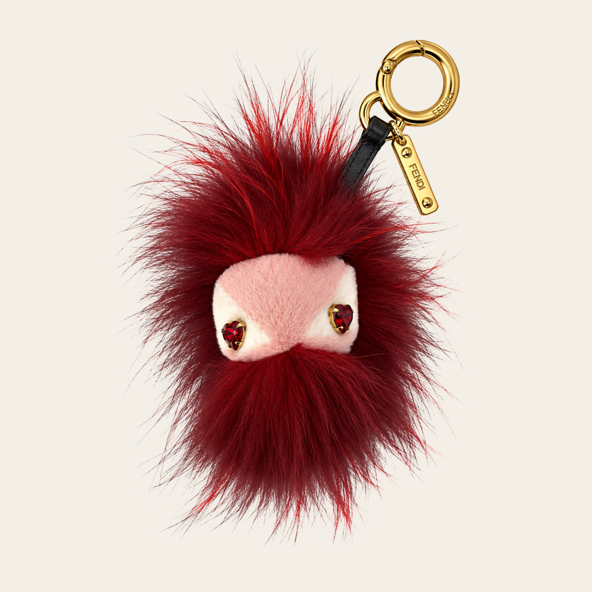 FENDI – Charm de sac Bag Bugs / Monster en fourrure de vison & chèvre à yeux cristaux – Bordeaux, rose & doré